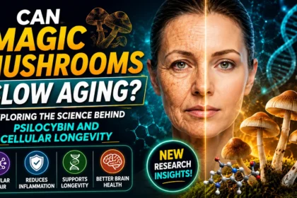 A thumbnail showing magic mushrooms, a split-face aging comparison, DNA strands, and cellular science graphics highlighting research on psilocybin's potential effects on aging and longevity.