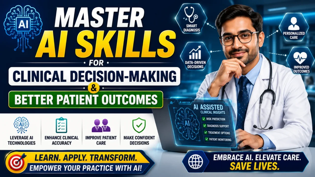 Educational thumbnail featuring AI-powered clinical decision-making in healthcare. The design shows a healthcare professional using artificial intelligence tools to improve diagnosis accuracy, patient care, and clinical outcomes with futuristic medical technology visuals.