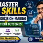 Educational thumbnail featuring AI-powered clinical decision-making in healthcare. The design shows a healthcare professional using artificial intelligence tools to improve diagnosis accuracy, patient care, and clinical outcomes with futuristic medical technology visuals.