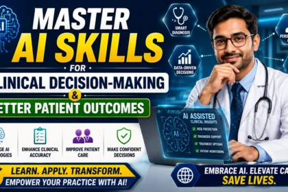 Educational thumbnail featuring AI-powered clinical decision-making in healthcare. The design shows a healthcare professional using artificial intelligence tools to improve diagnosis accuracy, patient care, and clinical outcomes with futuristic medical technology visuals.