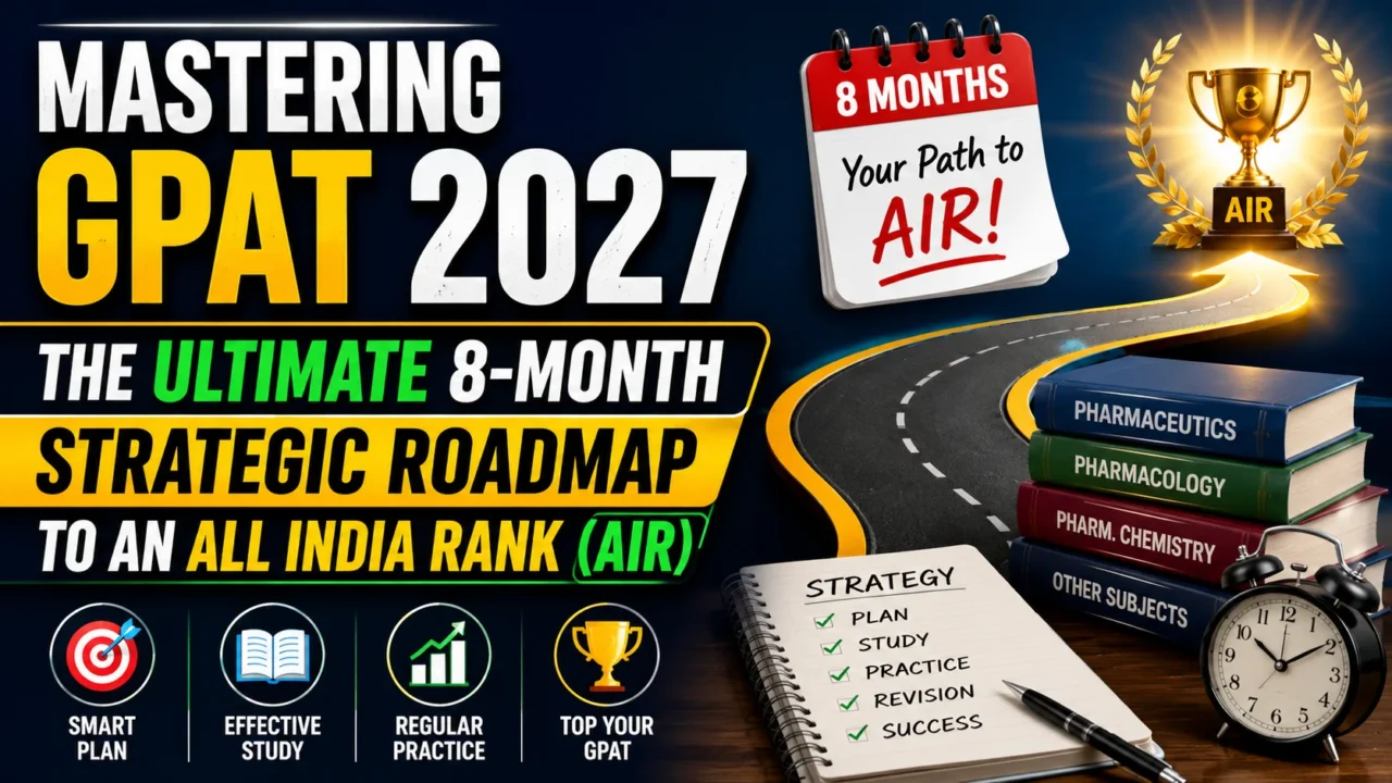 Mastering GPAT 2027 thumbnail featuring an 8-month strategic roadmap to achieve All India Rank (AIR), with study books, roadmap, trophy, and preparation strategy icons.