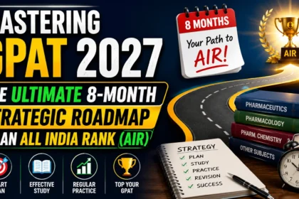Mastering GPAT 2027 thumbnail featuring an 8-month strategic roadmap to achieve All India Rank (AIR), with study books, roadmap, trophy, and preparation strategy icons.