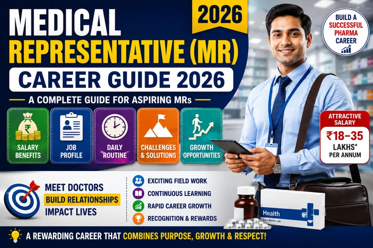 Professional career guide thumbnail featuring a Medical Representative (MR) in a pharmaceutical setting, highlighting salary, job profile, daily routine, challenges, and growth opportunities in the pharma industry for 2026.