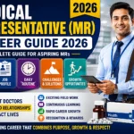 Professional career guide thumbnail featuring a Medical Representative (MR) in a pharmaceutical setting, highlighting salary, job profile, daily routine, challenges, and growth opportunities in the pharma industry for 2026.