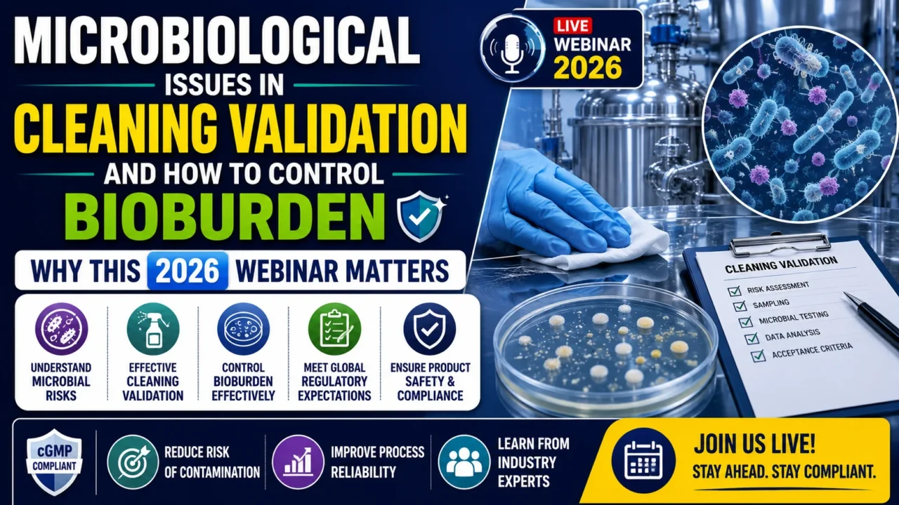 Professional webinar thumbnail illustrating microbiological issues in cleaning validation, bioburden control strategies, microbial contamination risks, GMP compliance, and pharmaceutical manufacturing hygiene practices.