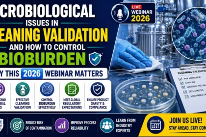 Professional webinar thumbnail illustrating microbiological issues in cleaning validation, bioburden control strategies, microbial contamination risks, GMP compliance, and pharmaceutical manufacturing hygiene practices.
