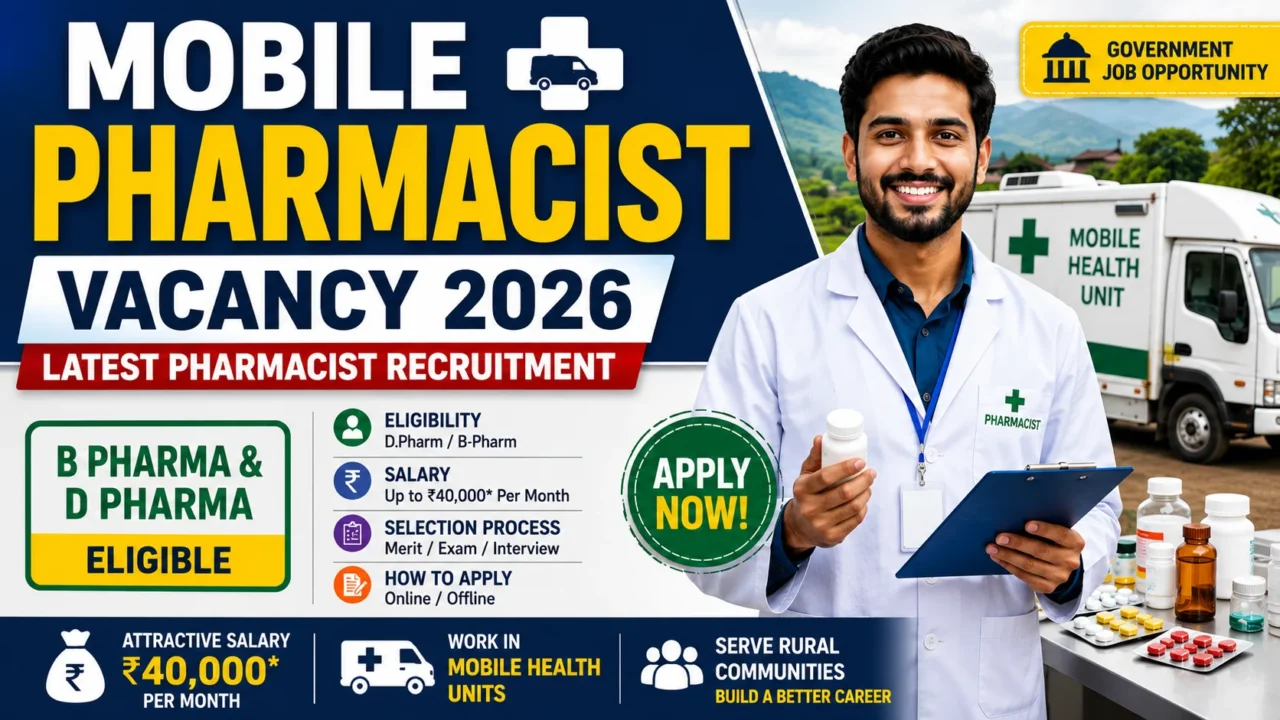 Mobile Pharmacist Vacancy 2026 recruitment thumbnail showing pharmacist job opportunity, B Pharma and D Pharma eligibility, salary details, and mobile health unit pharmacist recruitment.