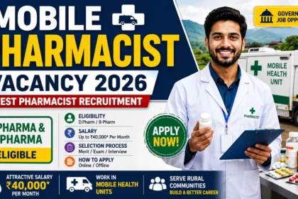 Mobile Pharmacist Vacancy 2026 recruitment thumbnail showing pharmacist job opportunity, B Pharma and D Pharma eligibility, salary details, and mobile health unit pharmacist recruitment.