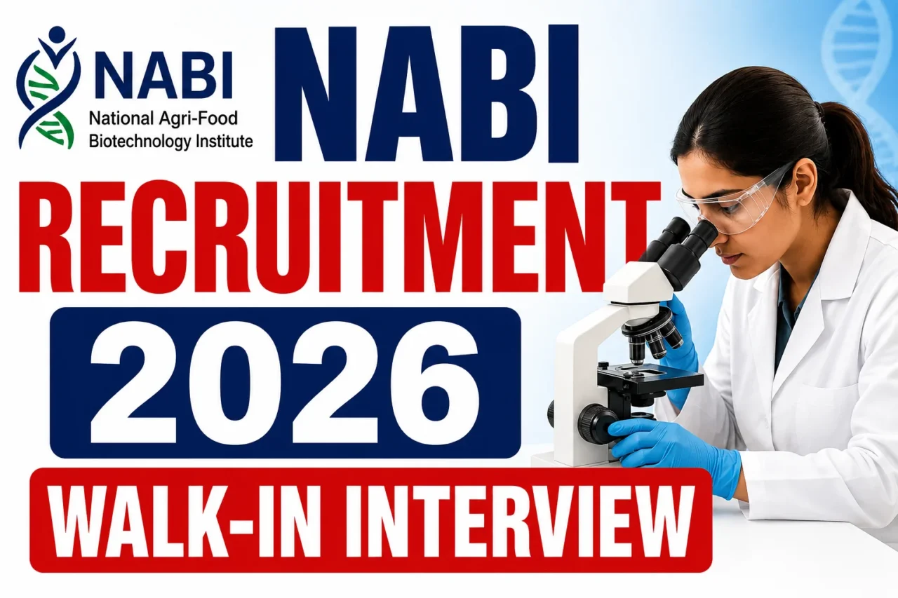 NABI Recruitment 2026 Walk-in Interview thumbnail featuring a scientist working with a microscope, NABI logo, and bold recruitment announcement.