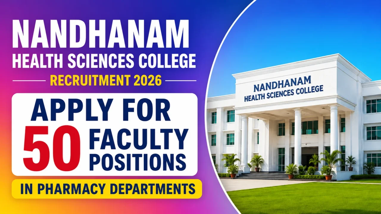 Nandhanam Health Sciences College Recruitment 2026 thumbnail featuring a modern college building, vibrant gradient background, and announcement for 50 faculty positions in pharmacy departments.