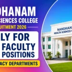 Nandhanam Health Sciences College Recruitment 2026 thumbnail featuring a modern college building, vibrant gradient background, and announcement for 50 faculty positions in pharmacy departments.