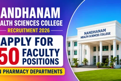Nandhanam Health Sciences College Recruitment 2026 thumbnail featuring a modern college building, vibrant gradient background, and announcement for 50 faculty positions in pharmacy departments.