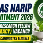 YouTube thumbnail for CCRAS NARIP Recruitment 2026 featuring Junior Research Fellow (Pharmacy) vacancy announcement, CCRAS logo, Ayurvedic medicinal leaves, mortar and pestle, pharmaceutical capsules, laboratory glassware, and a professional green-and-white recruitment theme.