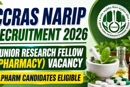 YouTube thumbnail for CCRAS NARIP Recruitment 2026 featuring Junior Research Fellow (Pharmacy) vacancy announcement, CCRAS logo, Ayurvedic medicinal leaves, mortar and pestle, pharmaceutical capsules, laboratory glassware, and a professional green-and-white recruitment theme.