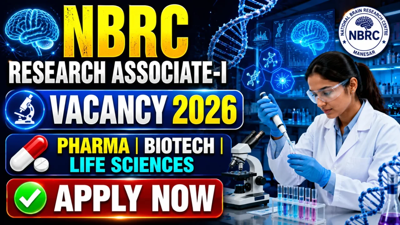 NBRC Research Associate-I Vacancy 2026 thumbnail featuring a biotechnology research laboratory, scientist working with laboratory equipment, DNA structure, brain research graphics, and recruitment information for Pharma, Biotechnology, and Life Sciences candidates.