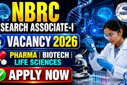 NBRC Research Associate-I Vacancy 2026 thumbnail featuring a biotechnology research laboratory, scientist working with laboratory equipment, DNA structure, brain research graphics, and recruitment information for Pharma, Biotechnology, and Life Sciences candidates.