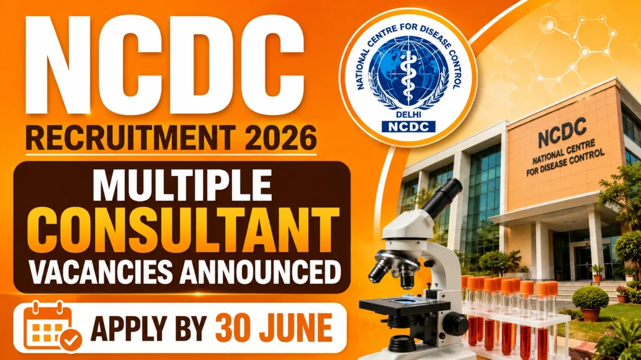 NCDC Recruitment 2026 thumbnail featuring an orange gradient background, NCDC logo, institute building, laboratory microscope, and announcement of multiple consultant vacancies with application deadline of 30 June.