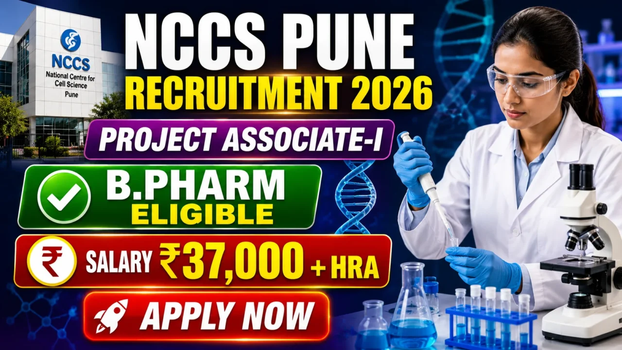 NCCS Pune Recruitment 2026 thumbnail featuring a research scientist in a laboratory, DNA graphics, microscope, and recruitment details for Project Associate-I post with B.Pharm eligibility and salary up to ₹37,000 plus HRA.
