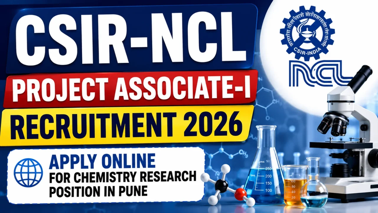 YouTube thumbnail for CSIR-NCL Project Associate-I Recruitment 2026 featuring laboratory equipment, chemistry research visuals, molecular structure graphics, CSIR-NCL logo, and online application announcement for a research position in Pune.