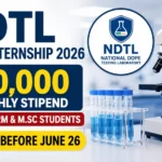 YouTube thumbnail for NDTL Delhi Internship 2026 featuring laboratory equipment including a microscope, test tubes, and flask. Large highlighted text announces ₹20,000 monthly stipend for M.Pharm and M.Sc students with application deadline June 26.