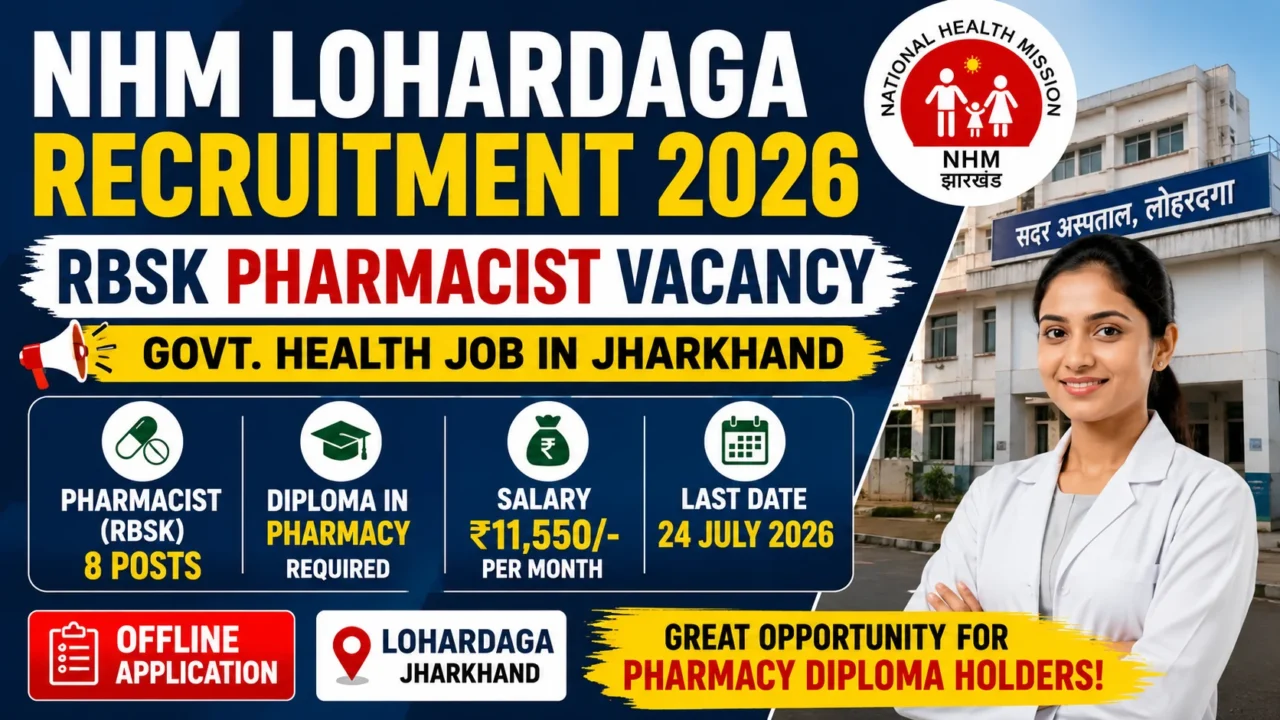 NHM Lohardaga Recruitment 2026 blog thumbnail featuring RBSK Pharmacist Vacancy, 8 posts, Diploma in Pharmacy eligibility, ₹11,550 salary, offline application, and last date 24 July 2026 with hospital background.