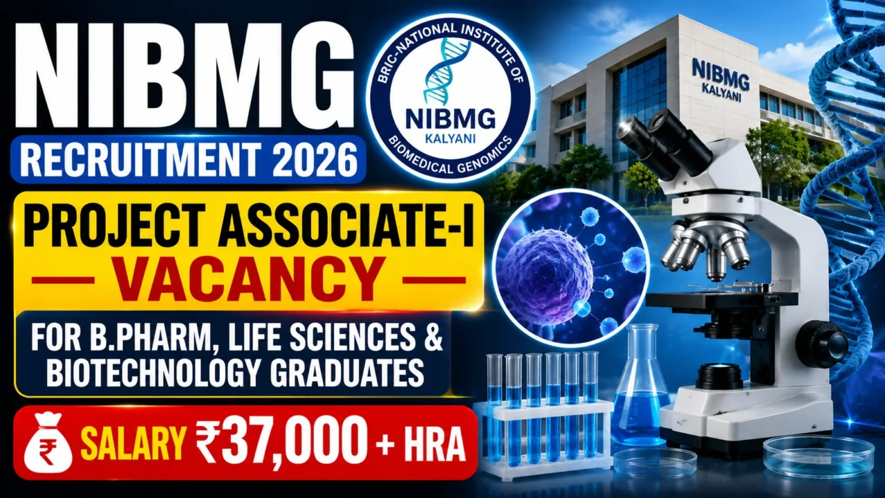 YouTube thumbnail for NIBMG Recruitment 2026 featuring the NIBMG campus, DNA structure, microscope, laboratory glassware, biomedical research visuals, and text highlighting the Project Associate-I vacancy with salary details.
