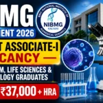 YouTube thumbnail for NIBMG Recruitment 2026 featuring the NIBMG campus, DNA structure, microscope, laboratory glassware, biomedical research visuals, and text highlighting the Project Associate-I vacancy with salary details.