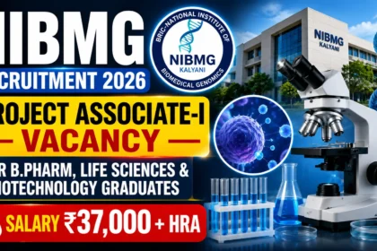 YouTube thumbnail for NIBMG Recruitment 2026 featuring the NIBMG campus, DNA structure, microscope, laboratory glassware, biomedical research visuals, and text highlighting the Project Associate-I vacancy with salary details.