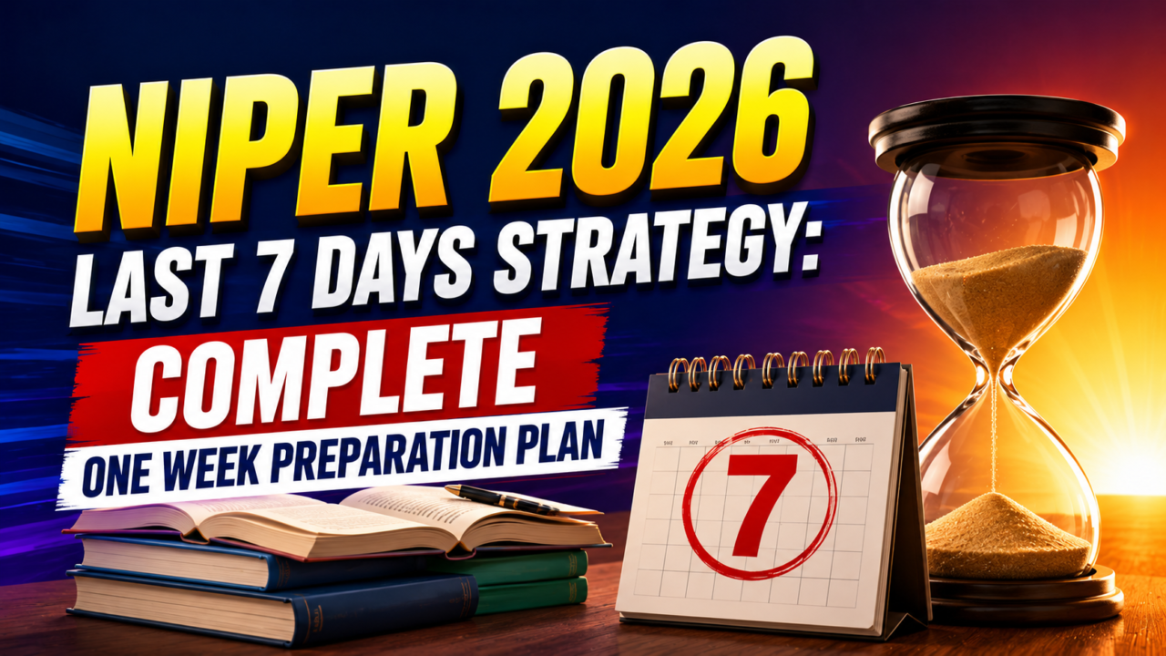 NIPER 2026 last 7 days preparation strategy thumbnail featuring bold yellow and white text, study books, open notebook, calendar showing 7 days, and an hourglass symbolizing countdown and exam preparation.