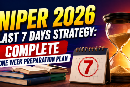 NIPER 2026 last 7 days preparation strategy thumbnail featuring bold yellow and white text, study books, open notebook, calendar showing 7 days, and an hourglass symbolizing countdown and exam preparation.