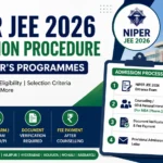 NIPER JEE 2026 Admission Procedure infographic showing the master's admission process, counselling steps, MBA selection criteria, document verification, fee payment, and participating NIPER campuses.