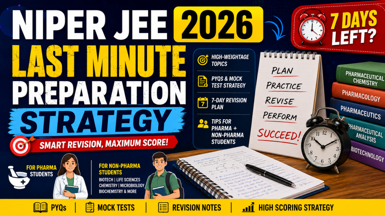 NIPER JEE 2026 last-minute preparation strategy thumbnail featuring revision tips, 7-day study plan, mock test strategy, and high-weightage topics for pharmacy, biotechnology, life sciences, and chemistry students.