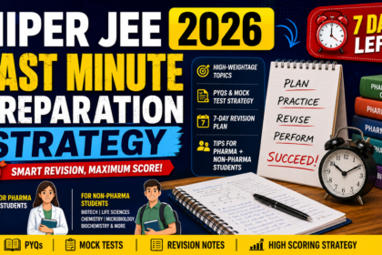 NIPER JEE 2026 last-minute preparation strategy thumbnail featuring revision tips, 7-day study plan, mock test strategy, and high-weightage topics for pharmacy, biotechnology, life sciences, and chemistry students.