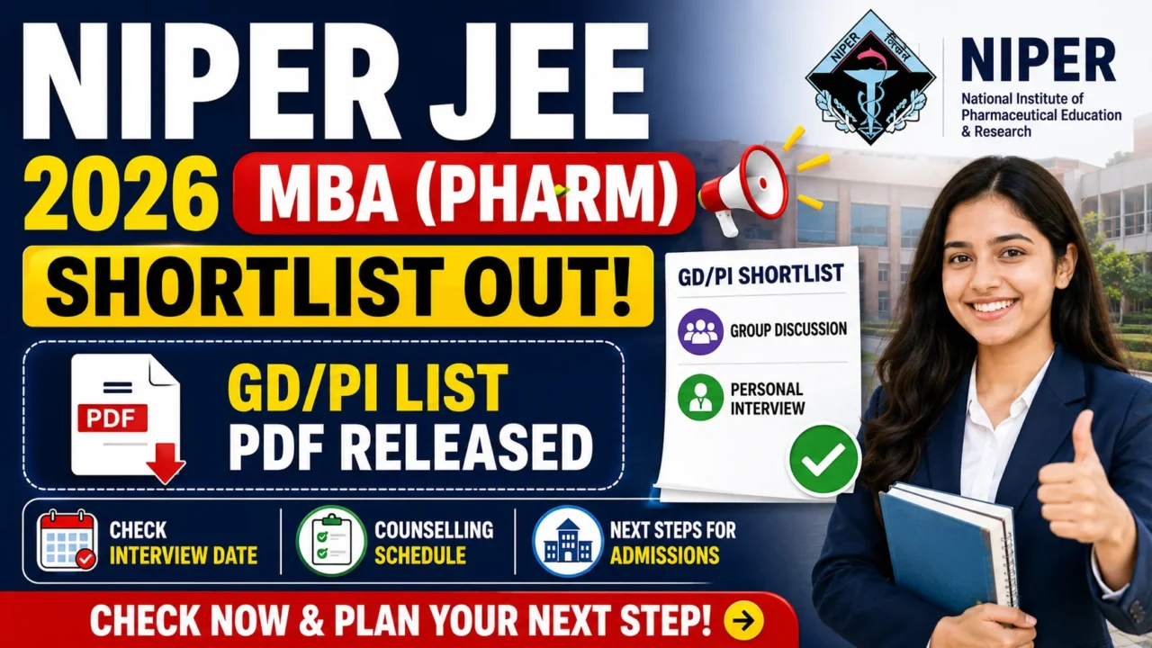 YouTube thumbnail announcing NIPER JEE 2026 MBA (Pharm) shortlist release, featuring bold text "Shortlist Out", "GD/PI List PDF Released", NIPER logo, interview and counselling icons, and a student holding books with a thumbs-up gesture.