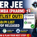 YouTube thumbnail announcing NIPER JEE 2026 MBA (Pharm) shortlist release, featuring bold text "Shortlist Out", "GD/PI List PDF Released", NIPER logo, interview and counselling icons, and a student holding books with a thumbs-up gesture.