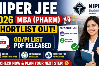 YouTube thumbnail announcing NIPER JEE 2026 MBA (Pharm) shortlist release, featuring bold text "Shortlist Out", "GD/PI List PDF Released", NIPER logo, interview and counselling icons, and a student holding books with a thumbs-up gesture.