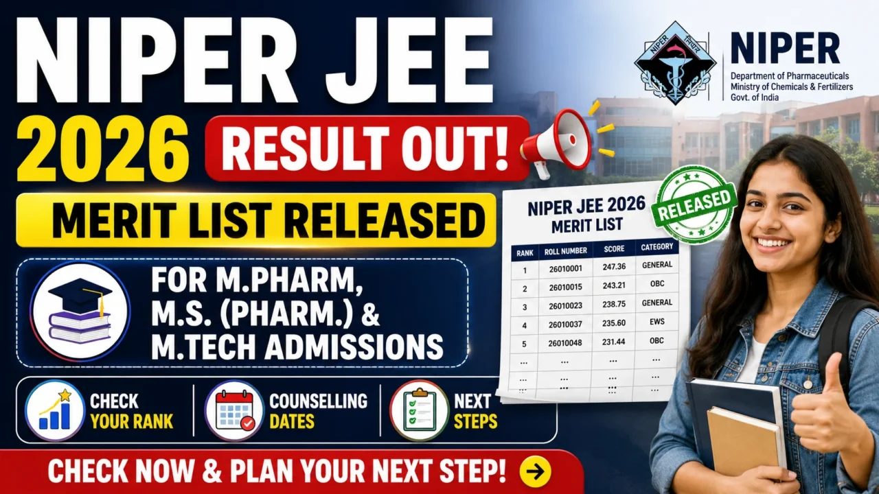 NIPER JEE 2026 Result announcement thumbnail featuring bold text "Result Out", "Merit List Released", NIPER logo, merit list document, counselling information, and a student holding books with a thumbs-up gesture.