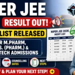 NIPER JEE 2026 Result announcement thumbnail featuring bold text "Result Out", "Merit List Released", NIPER logo, merit list document, counselling information, and a student holding books with a thumbs-up gesture.