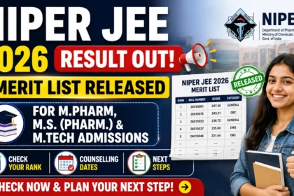NIPER JEE 2026 Result announcement thumbnail featuring bold text "Result Out", "Merit List Released", NIPER logo, merit list document, counselling information, and a student holding books with a thumbs-up gesture.