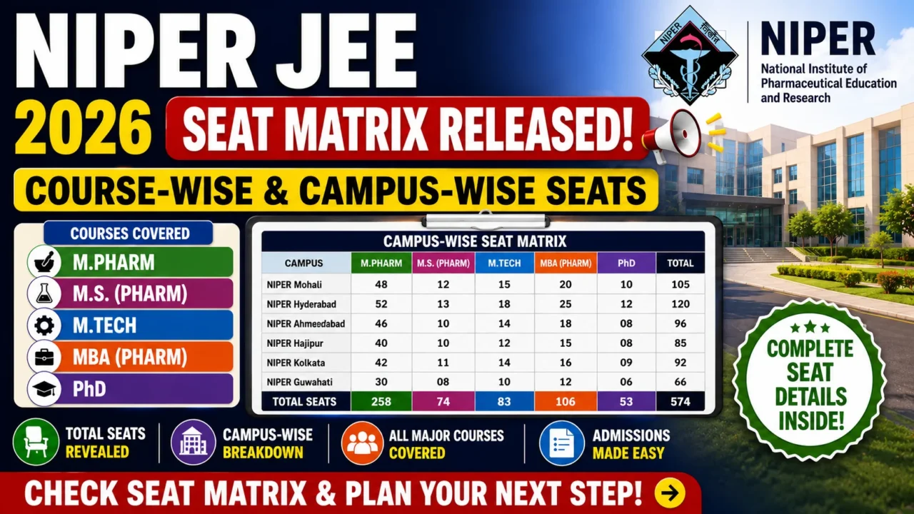 NIPER JEE 2026 Seat Matrix Released thumbnail showing course-wise and campus-wise seat distribution for M.Pharm, M.S. (Pharm), M.Tech, MBA (Pharm), and PhD admissions, featuring the NIPER logo, seat matrix table, and admission-related highlights.