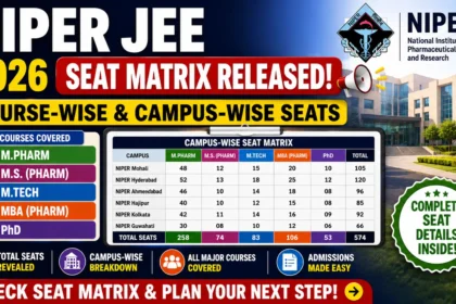 NIPER JEE 2026 Seat Matrix Released thumbnail showing course-wise and campus-wise seat distribution for M.Pharm, M.S. (Pharm), M.Tech, MBA (Pharm), and PhD admissions, featuring the NIPER logo, seat matrix table, and admission-related highlights.