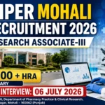 NIPER Mohali Recruitment 2026 thumbnail featuring Research Associate-III vacancy, ₹67,000 salary plus HRA, walk-in interview on 06 July 2026, NIPER campus building, and a researcher working in a pharmaceutical laboratory.