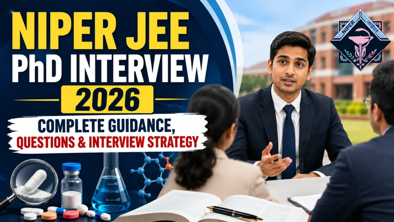 NIPER JEE PhD Interview 2026 YouTube thumbnail featuring a PhD interview panel discussion, pharmaceutical research elements, laboratory glassware, medicine capsules, and guidance for NIPER PhD interview preparation.