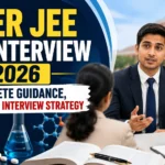 NIPER JEE PhD Interview 2026 YouTube thumbnail featuring a PhD interview panel discussion, pharmaceutical research elements, laboratory glassware, medicine capsules, and guidance for NIPER PhD interview preparation.