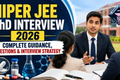 NIPER JEE PhD Interview 2026 YouTube thumbnail featuring a PhD interview panel discussion, pharmaceutical research elements, laboratory glassware, medicine capsules, and guidance for NIPER PhD interview preparation.