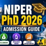 NIPER PhD Admission 2026 thumbnail featuring NIPER campus, pharmaceutical research laboratory, PhD scholars, microscope, DNA structure, drug discovery visuals, fellowship opportunities, research areas, and career growth in pharmaceutical sciences.