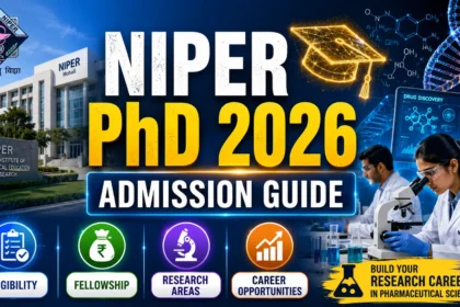 NIPER PhD Admission 2026 thumbnail featuring NIPER campus, pharmaceutical research laboratory, PhD scholars, microscope, DNA structure, drug discovery visuals, fellowship opportunities, research areas, and career growth in pharmaceutical sciences.