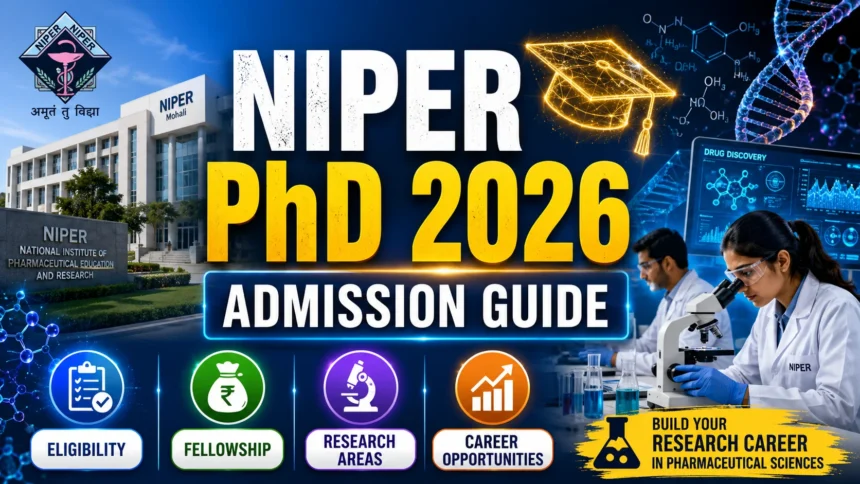 NIPER PhD Admission 2026 thumbnail featuring NIPER campus, pharmaceutical research laboratory, PhD scholars, microscope, DNA structure, drug discovery visuals, fellowship opportunities, research areas, and career growth in pharmaceutical sciences.