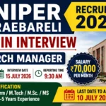 NIPER Raebareli Recruitment 2026 blog thumbnail featuring Walk-in Interview for Research Manager, 3 vacancies, ₹70,000 monthly salary, interview date 15 July 2026, last date 10 July 2026, and qualification details with NIPER campus background.