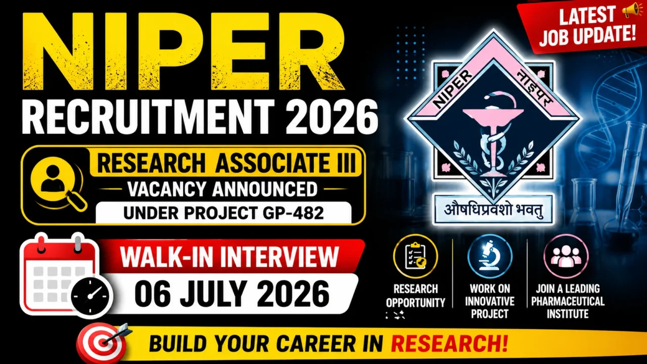 NIPER Recruitment 2026 thumbnail featuring Research Associate III vacancy under Project GP-482 with walk-in interview date 06 July 2026, NIPER logo, research laboratory background, and job opportunity announcement.